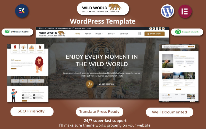 Wild World - Yaban Hayatı, Hayvan Hayvanat Bahçesi, Sürüngen ve Fotoğrafçılık Şablonu WordPress Teması